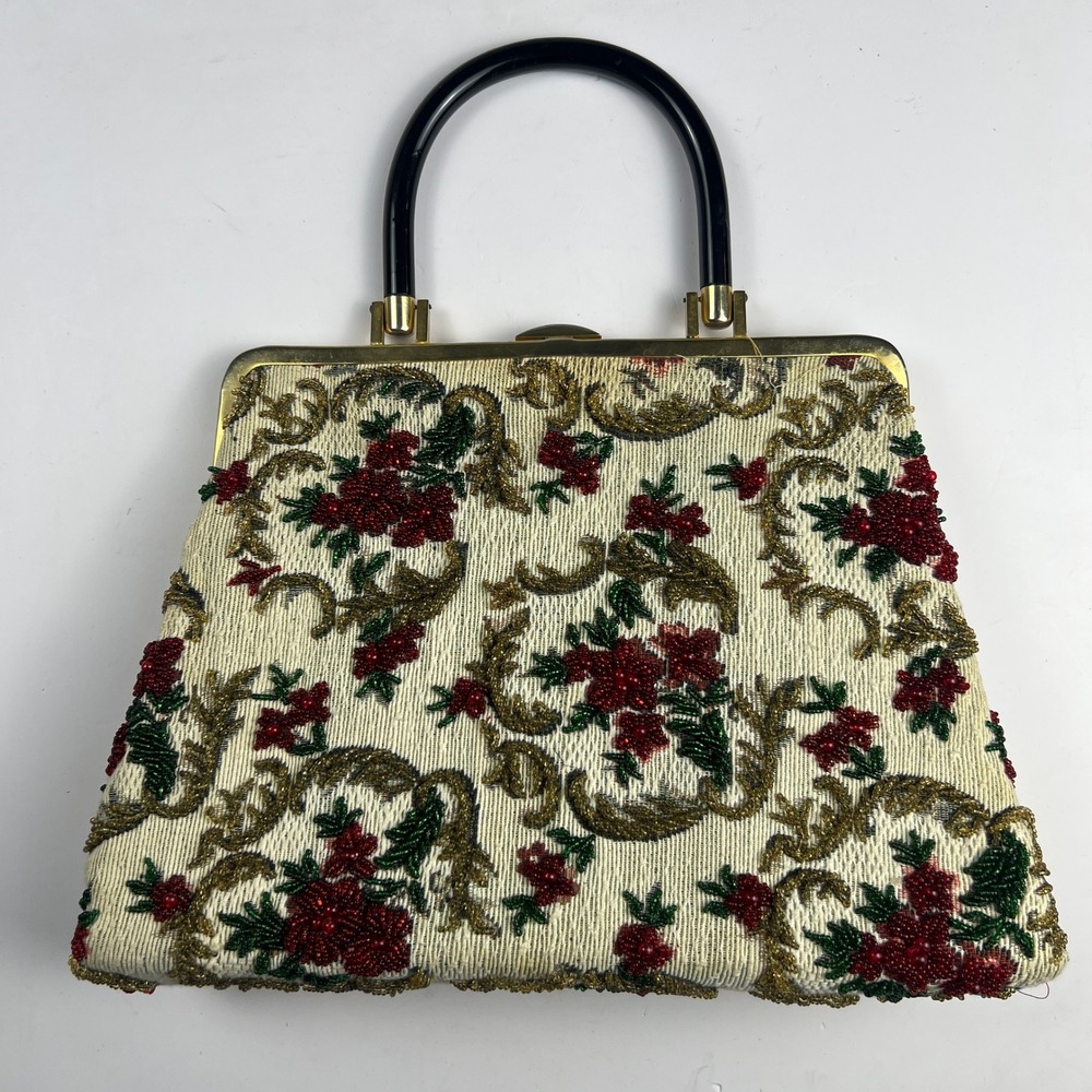 Vintage 1950s Beaded Tapestry Handbag Floral Lucite Handle MCM Evening Purse